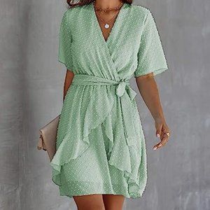 BTFBM Women 2023 Fashion Faux Wrap V-Neck Dresses Short Sleeve High Waist